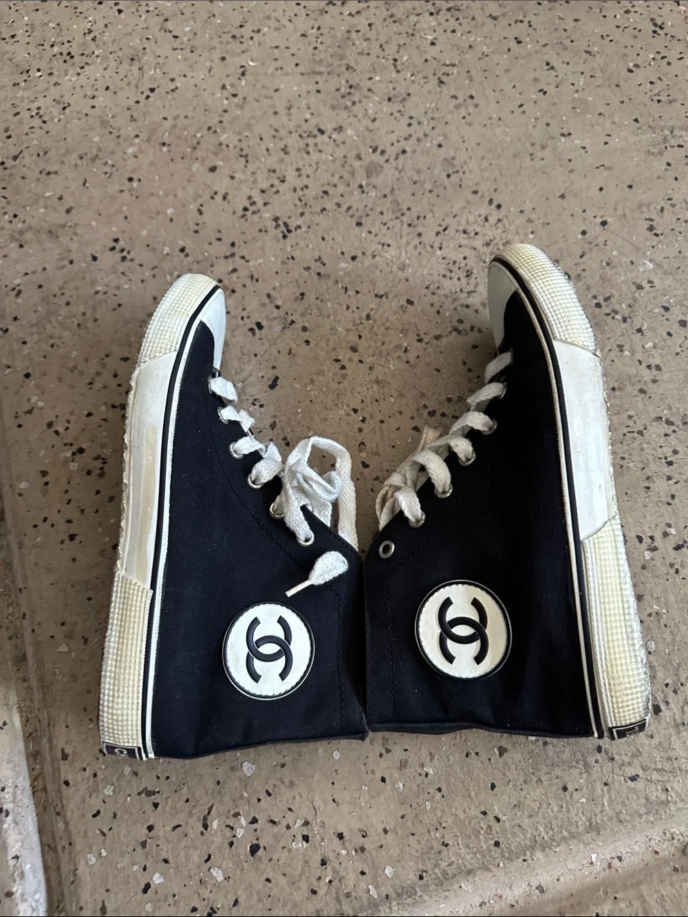 CHANEL Black and White  High-Top Canvas Sneakers Authentic